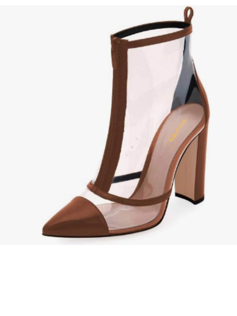 XYD Brown Clear PVC Ankle Boots Sexy High Heel Front Zipper Pointed Toe Boots